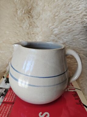 Vintage Early Midcentury AMERICANA Handmade XL Ceramic Pitcher with Blue Stripes